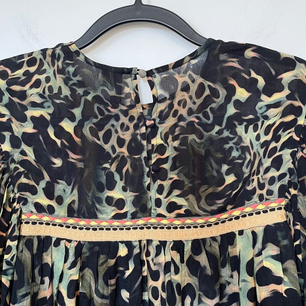Bl^nk London Joelle Leopard Print Peasant Blouse XS Black Green - Picture 10 of 16